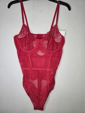 Inc International Concepts Women's Sheer Lace Lingerie Bodysuit Large Red Mesh